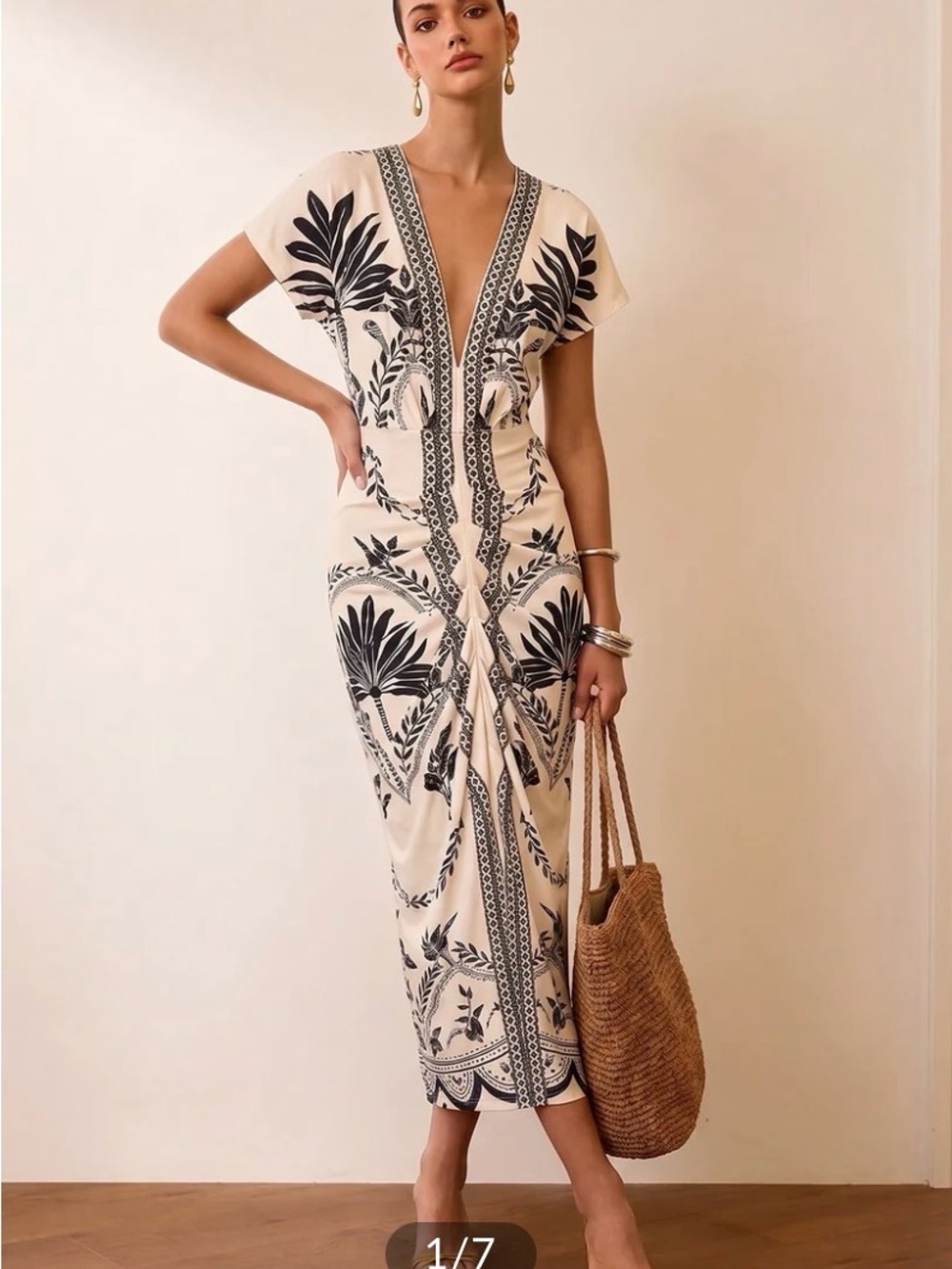 Commense Palm Leaf Deep V neck maxi dress